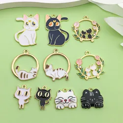 10pcs Black And White Enamel Cartoon Cute Cat Charms, Alloy Metal Animal Pendants, For DIY Jewelry Making Accessories