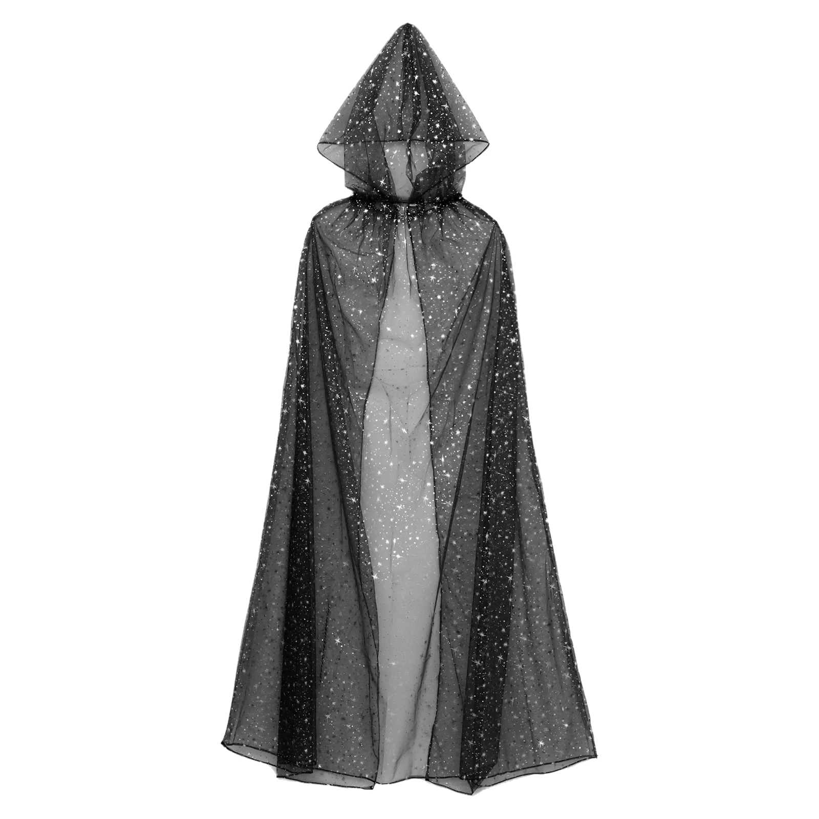 Women Long Sheer Cape Hooded Cloak Mesh Tulle Cape Gothic Shawls Wraps for Masquerade Halloween Cosplay Witch Ghost Costume