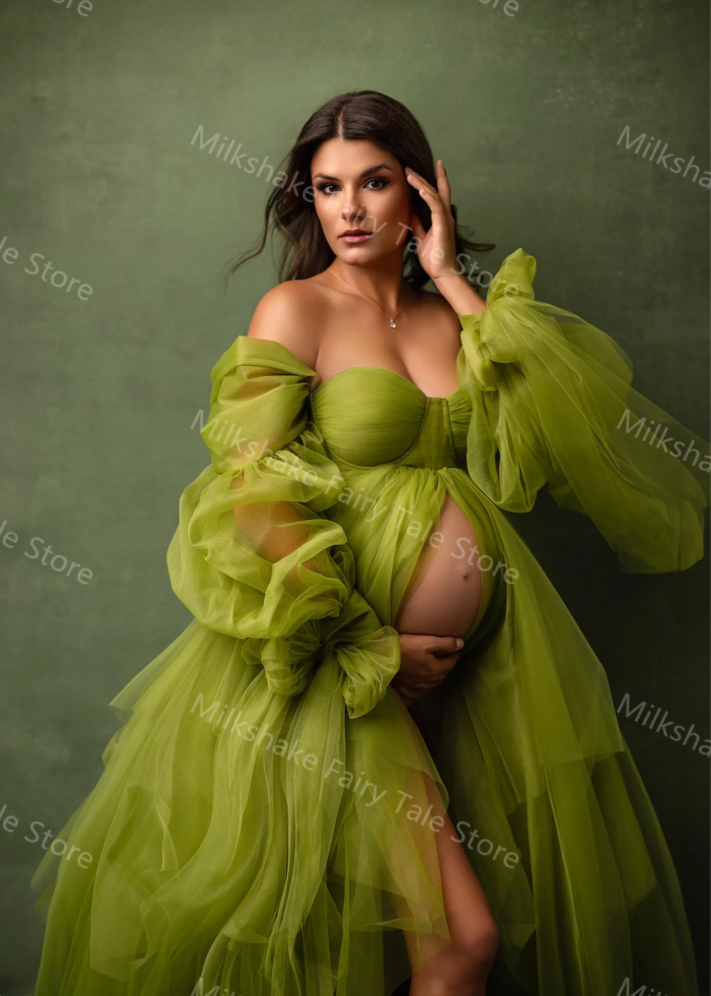 Robes de maternidade verdes vintage para mulheres grávidas fora do ombro uma linha tule fotografia vestidos sexy frente split babyshower vestidos