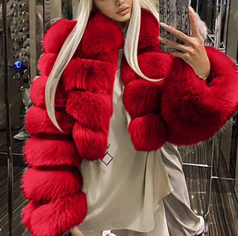 

Luxury Cropped Faux Fur Coat Women Winter Fashion Turn Down Fox Fur Jacket Long Sleeve Fluffy Short Faux Fur Jacket Streetwear