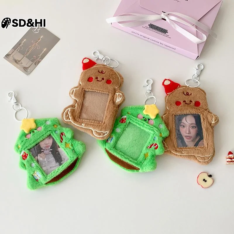 Cute Cartoon Christmas Tree Snowman Plush 3-inch Card Holder Set Display Pendant Keychain Charm Photo Card Holder Keychain