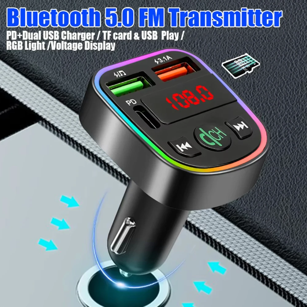 Bluetooth 5.0 Dual USB PD Type-C Fast Charging Hands-free Calling FM Transmitter Support TF Card U Disk MP3 Player Car Kit