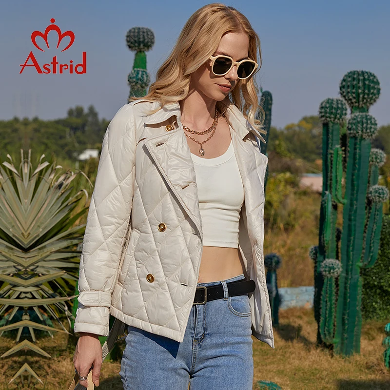 Astrid 2022 Spring Women Jacket Padded Short Argyle Coats Turn Down Collar Double Breasted Belt Thin Parkas Outerwear ZM-28T28