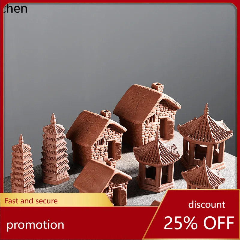 Cz bonsai ceramic purple clay small ornament thatched cottage courtyard pagoda ceramic micro landscape fish tank decoration