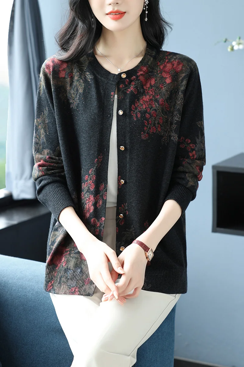 

Floral Print Female Cardigan Autumn Spring Knitted Women Sweaters Korean Fashion Long Sleeve Tops Cardigans