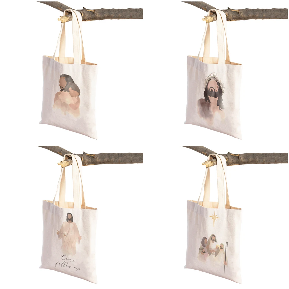 Jesus Portrait Christ\'s Embrace Christian Lady Shopper Bag Vintage Tote Handbag Savior Foldable Canvas Women Shopping Bags