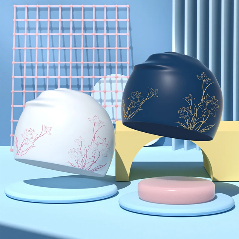 

Women Silicone Waterproof Swimming Cap Lotus Printed Fashion Pool Cap High Elastic Comfortable Swim Cap