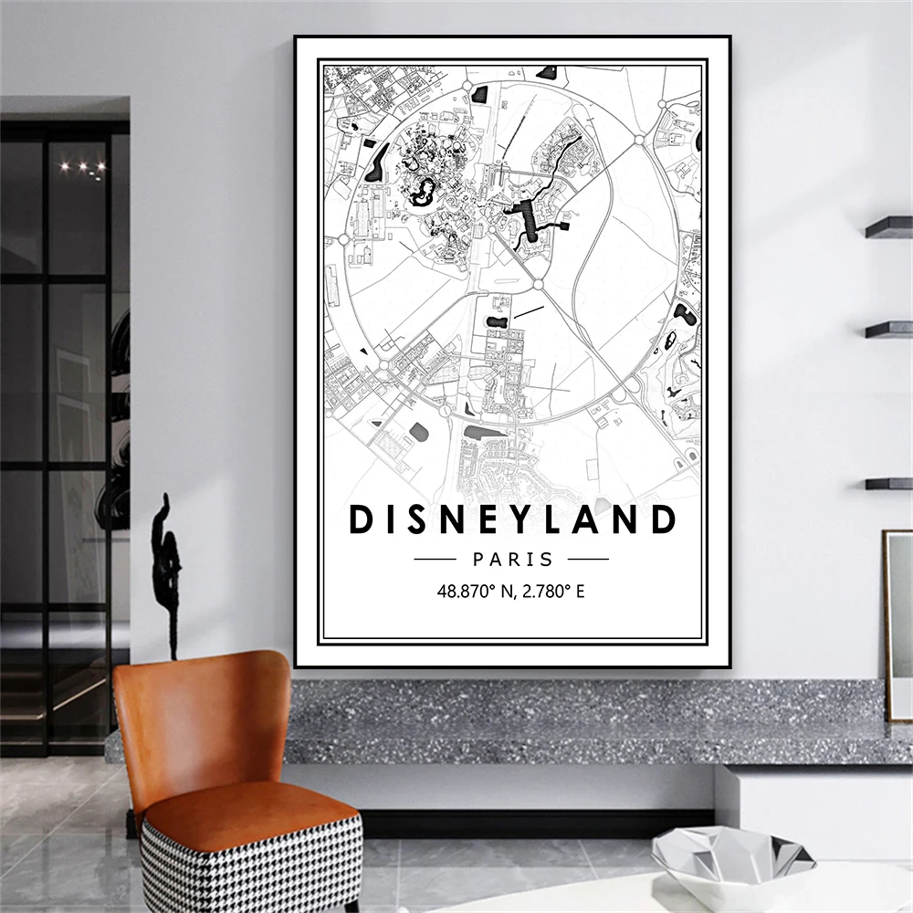 Disneyland Paris Poster Black and White Print Minimal Scandinavian Nordic Art Canvas Painting Home Kitchen Reading Room Decor