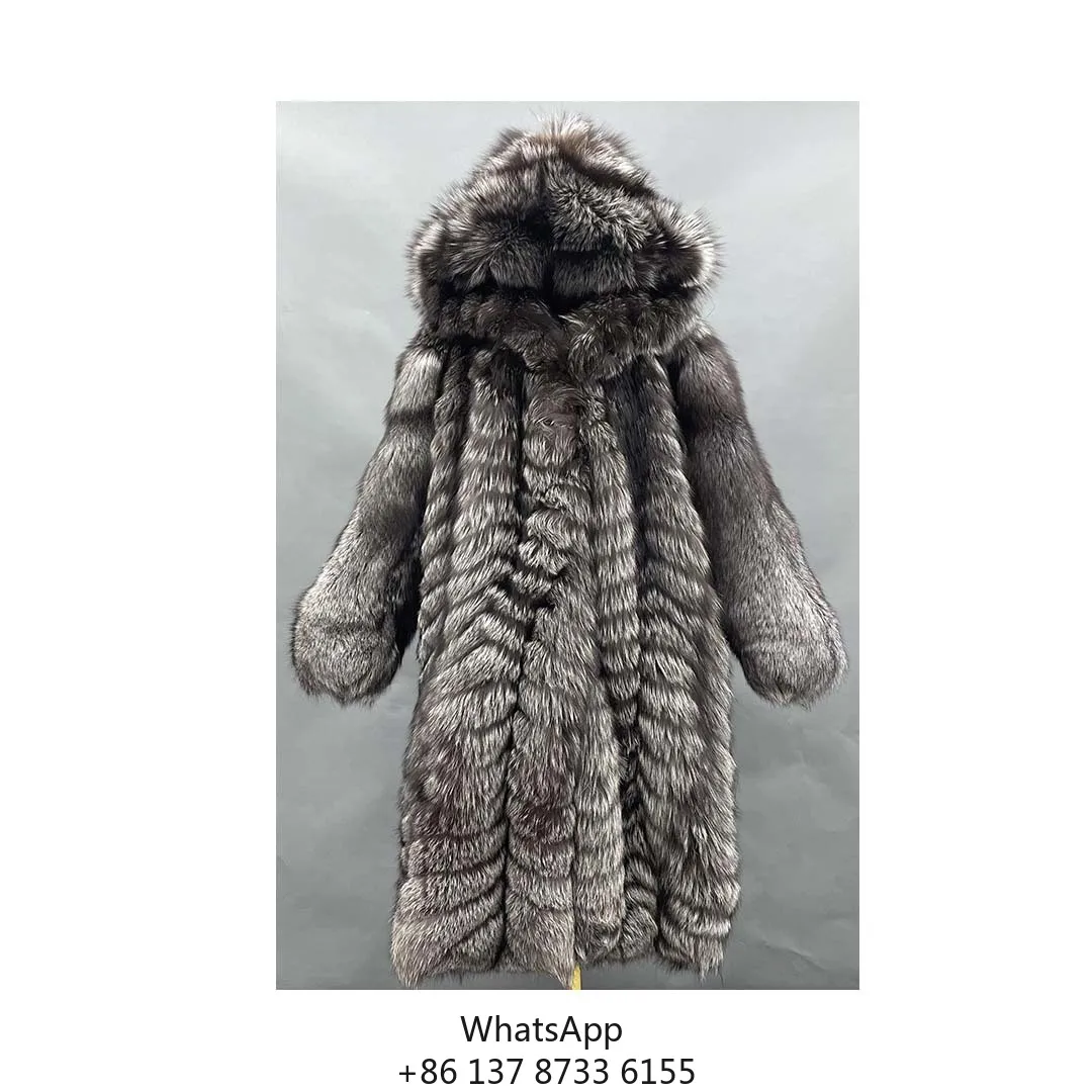 Women Custom Size Luxury Hooded Thick Silver Fox Fur Winter X-Long Genuine Fox Fur Coat