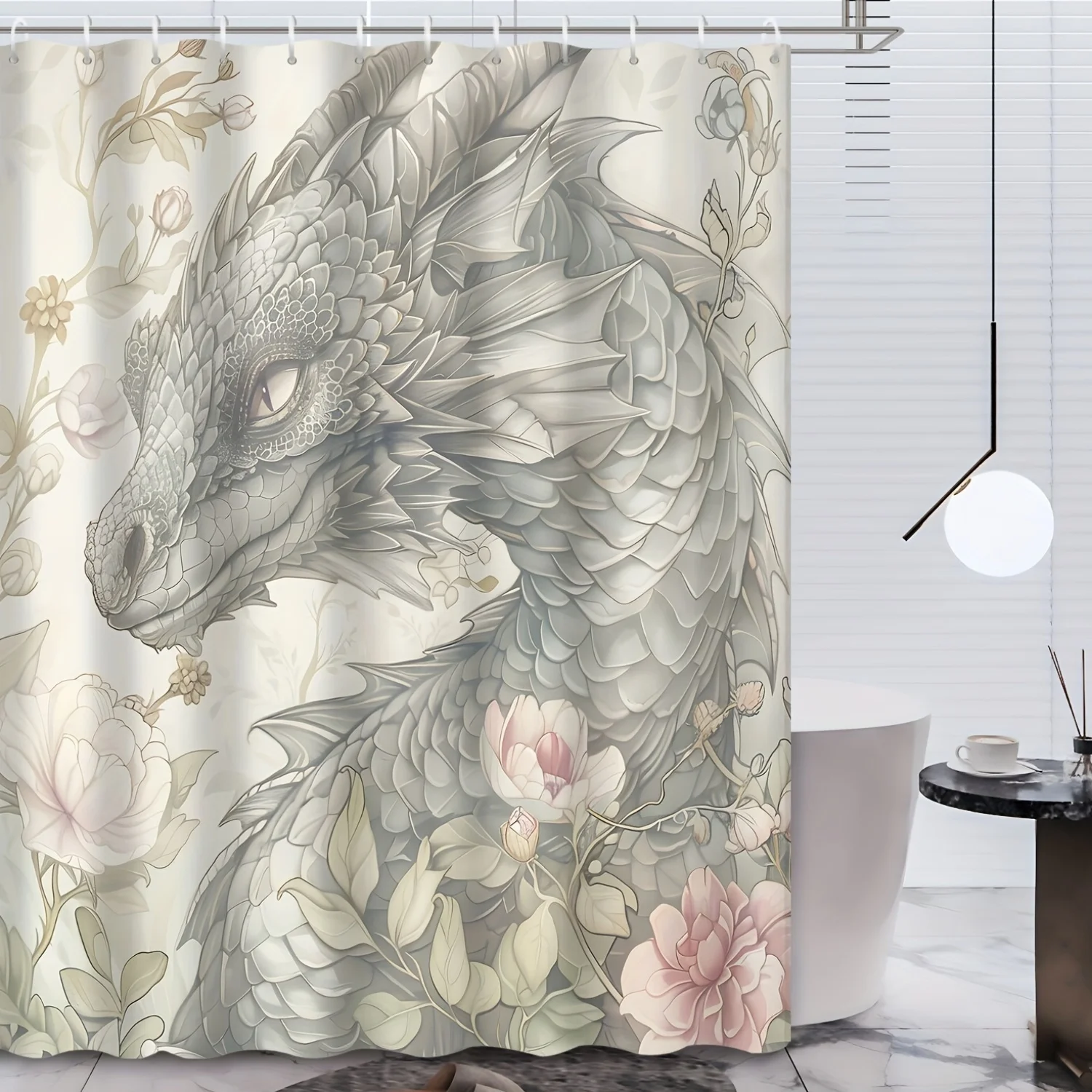 1pc Elegant Asian-Inspired Dragon & Floral Print Polyester Shower Curtain,  Abstract Chinese Style with Grommets & Hooks