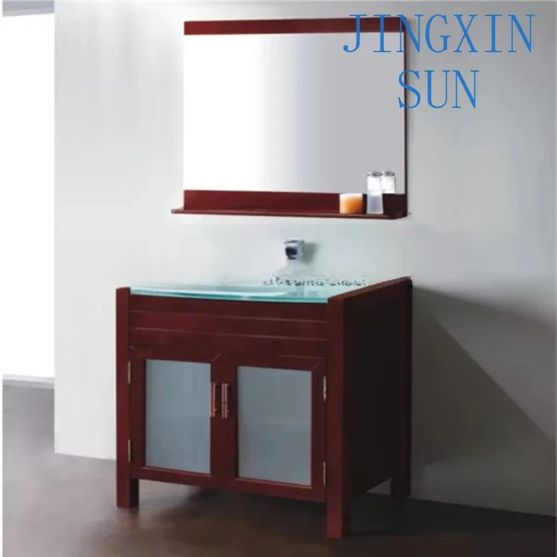 Modern type pvc free standing glass sink vanity units with mirror