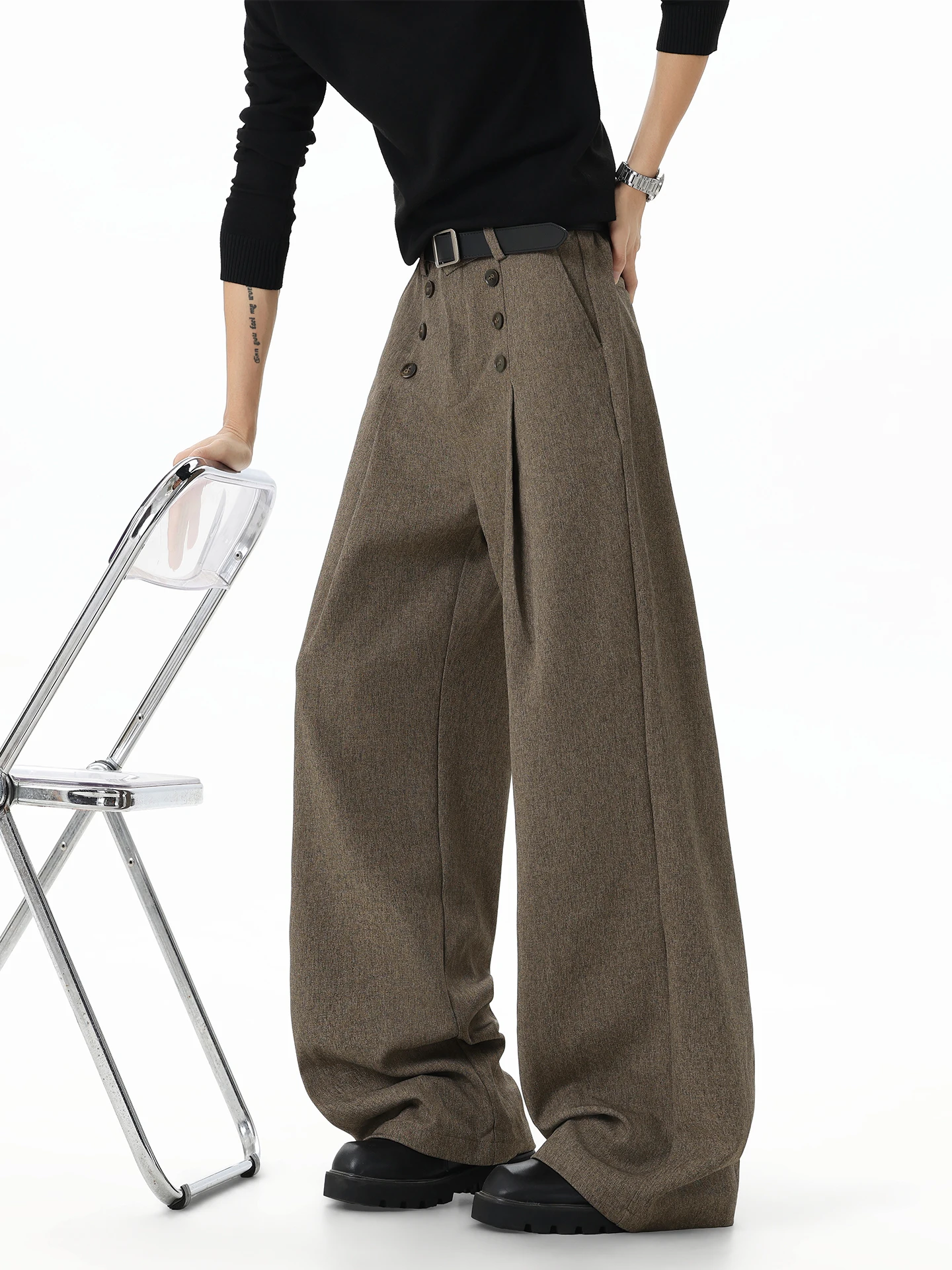 Double-Button Pressed Pleat Casual Men's West Pants Loose American Style Autumn Spring Vintage Wide Leg Long Pants