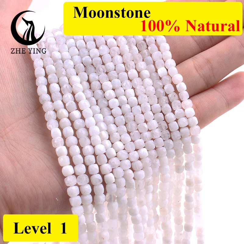 Natural 4*4mm Moonstone Gemstone Loose Faceted Square Spacer Beads for Jewelry Making DIY Bracelet Necklace