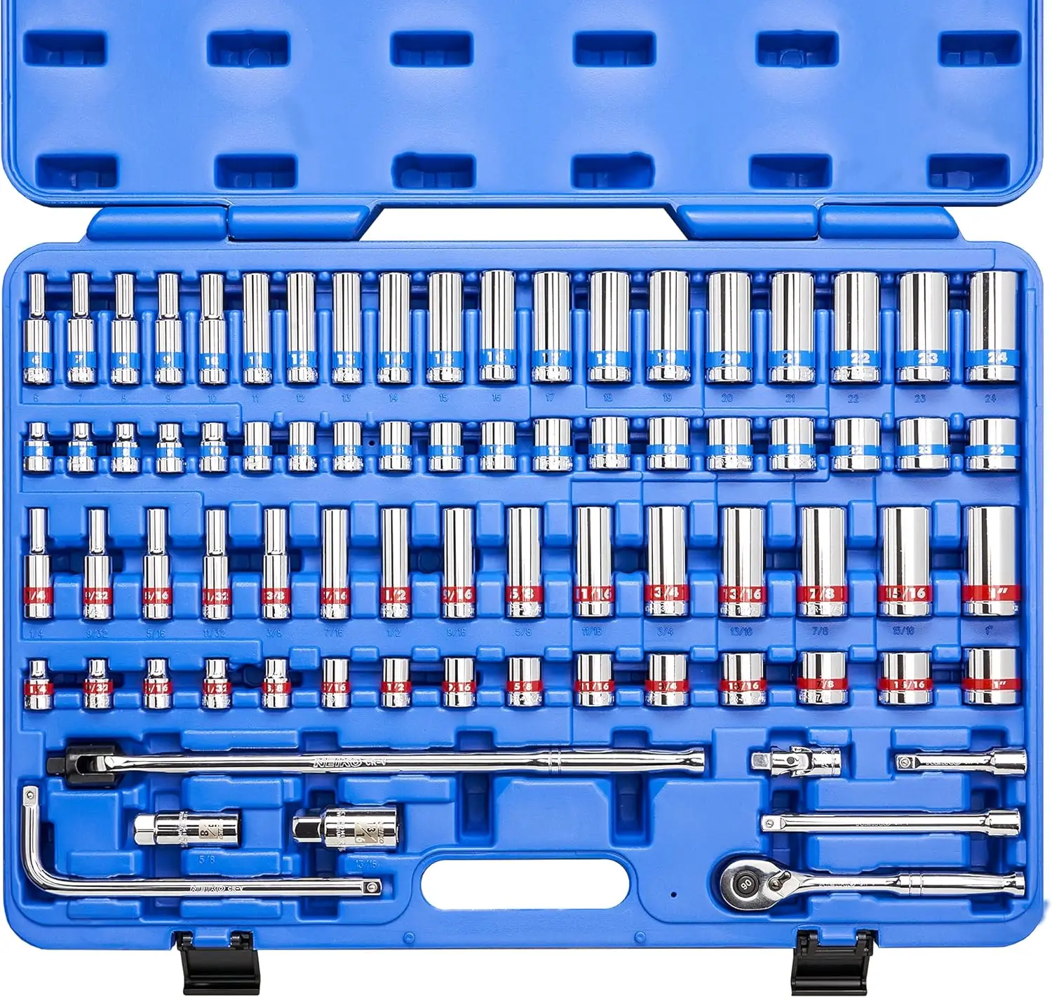 3/8-Inch-Drive Colored Mechanics Tool Ratchet, Socket Set, 76-Piece Standard and Deep Sizes 1/4