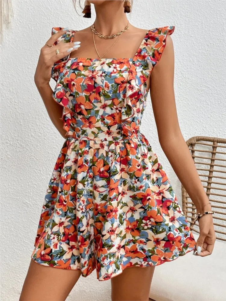 

Fashion Floral Print Backless Beach Jumpsuit Summer Elegant Women Square Neck Sleeveless Elastic Waist Back Lace Up Playsuits