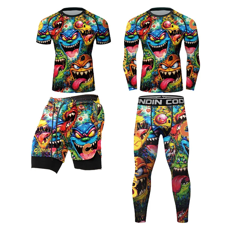 3D Colorful Monster Graffiti Mens Compression Rashguard Long Short Sleeve MMA BJJ Fighting Leggings Shorts Workout Base Layer