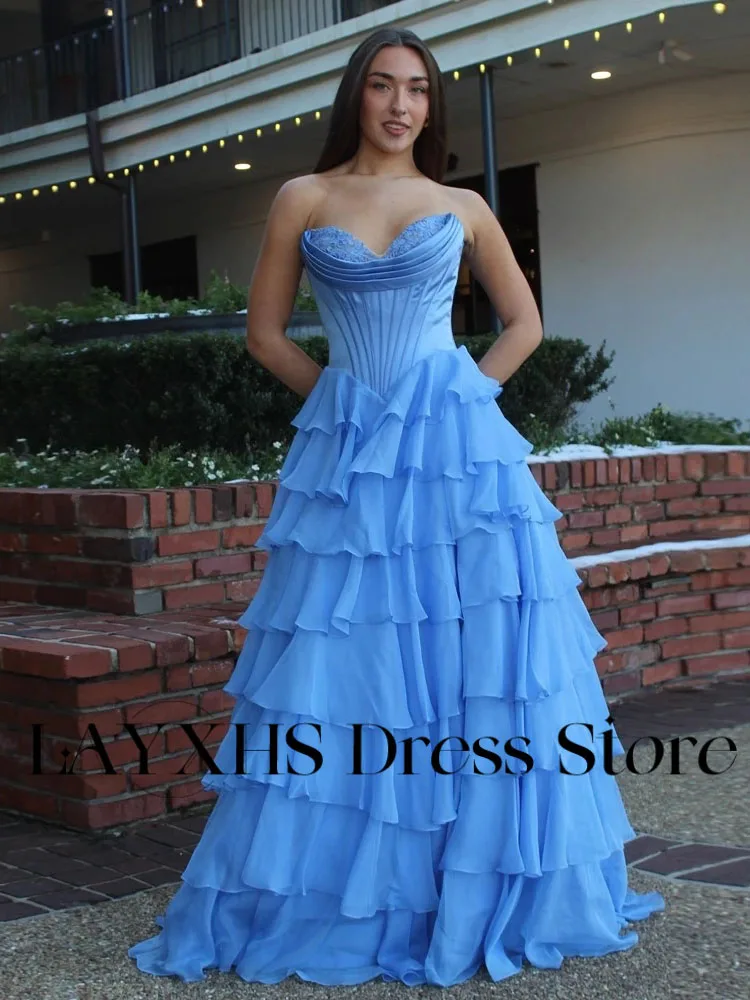 ชุดราตรีแฟชั่น LAYXHS สีฟ้า ทรงหวาน แบบเอไลน์ ระบายชั้นๆ ยาวกรอมพื้น ชุดออกงานพรอม สามารถสั่งตัดได้