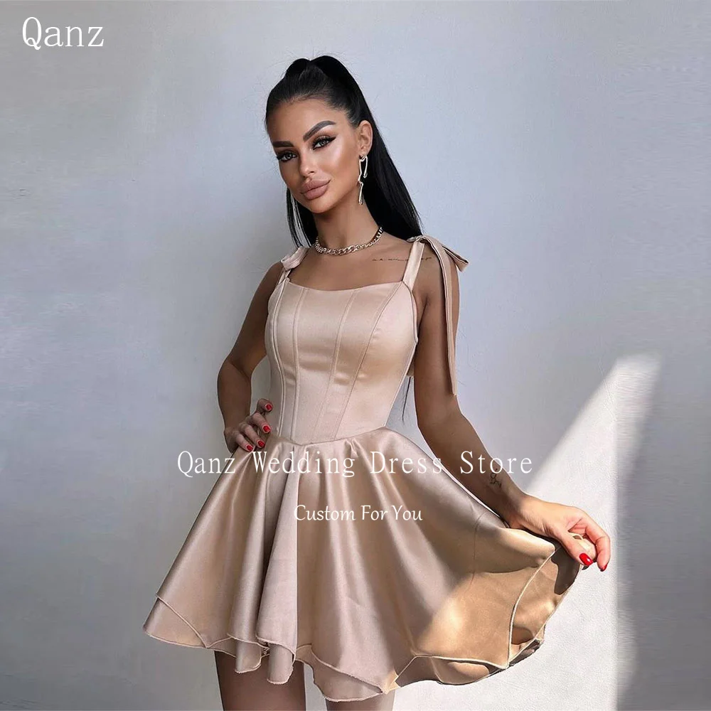 

Qanz Customized Prom Dresses Spaghetti Straps Lace Up Back Open Back Short Homecoming Dresses Satin Simple Vestido De Graduación