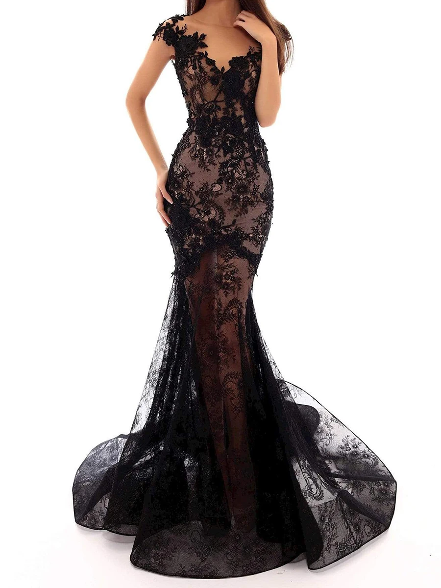 Cocktail Party Prom Dress Sexy Deep V-Neck Floor Length Spaghetti Strap Evening Formal Applique Dresses for Women Court Train