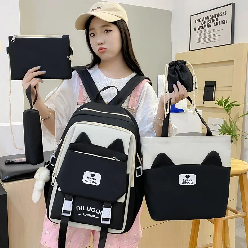 

Five Piece Set Backpack for Girls New Versatile Design for Primary School Students Large Capacity Junior High School Campus