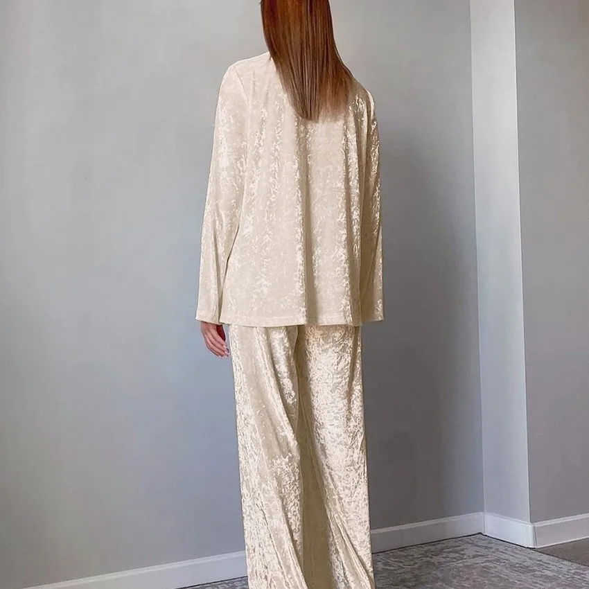 Lounge Pj Nightwear Pyjamas Velvet Blazer Style Top Wide Leg Pants Cream Beige Two Piece Long Sleeve Full Length Sleepwear Set view 5