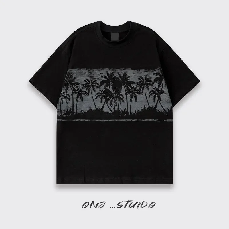 

Мужская винтажная футболка с принтом пальм, круглым вырезом и короткими рукавами, повседневный свободный хлопковый топ
