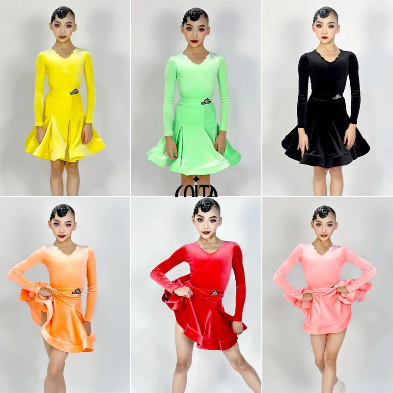 7 Colors Kids Performance Latin Dance Costume Girls Latin Dance Professional Dress Long Sleeved Velvet Ballroom Dance Dress 2024