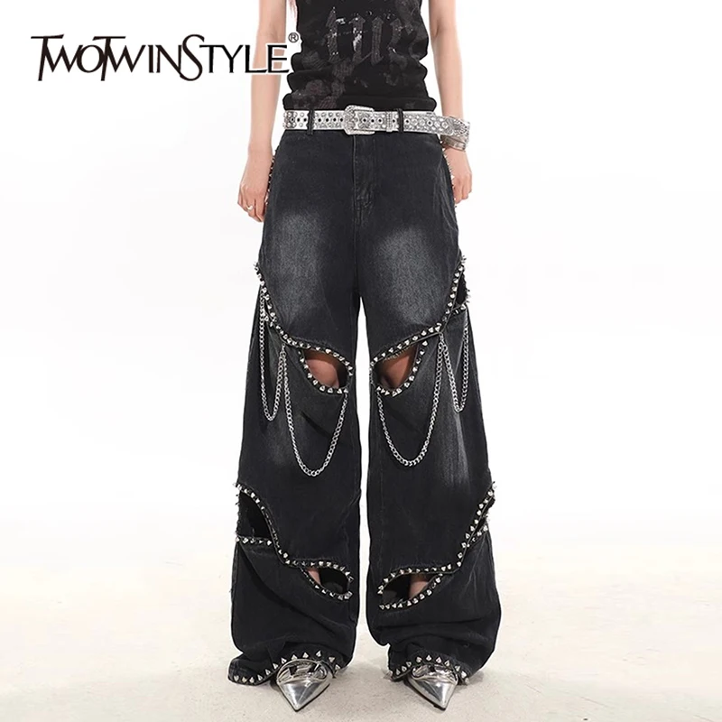 

TWOTWINSTYLE Streetwear Patchwork Chain Full Length Pant For Women High Waist Hollow Out Spliced Belt Chic Wide Leg Pants Female