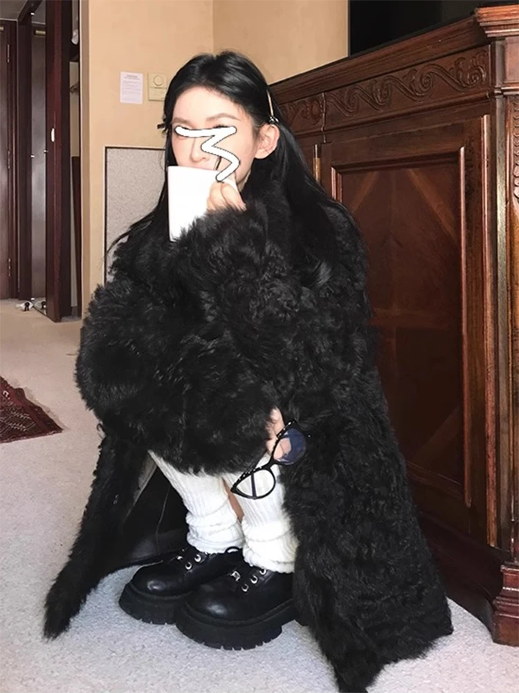Экологичное пальто из искусственного меха, шерстяное пальто с плюшевым мишкой, длинное свековое корейское пальто для поездок на работу, свободная посадка средней длины