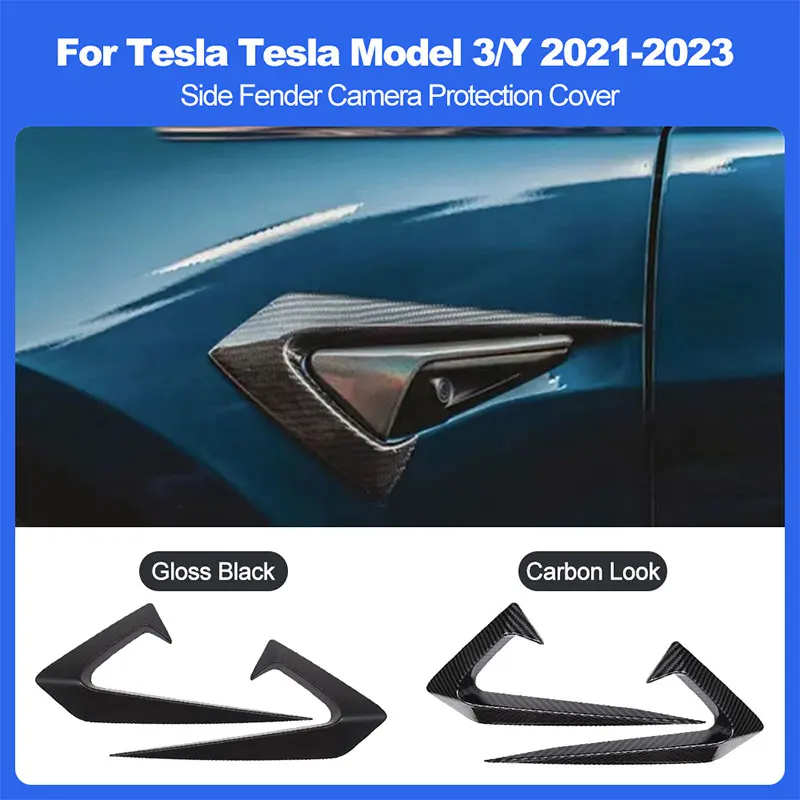 For Tesla Model 3/Y 2021-2023 Side Front Bumper Wind Knife Camera Protection Cover2PCS Carbon Look Gloss Black Auto Accessories