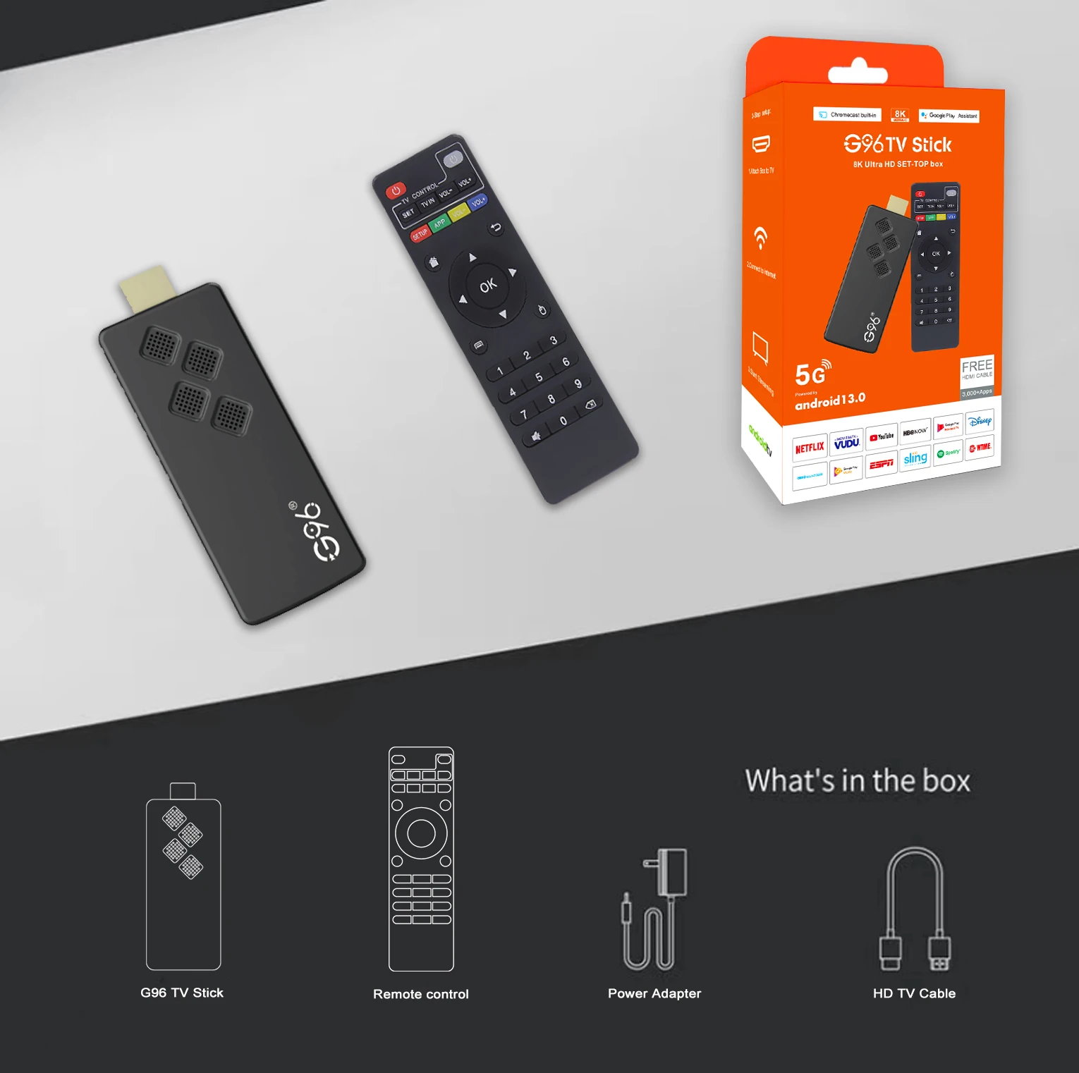 G96 high-performance android 13.0 8k ATV H313 2GB RAM 8GB ROM Q2 smart TV Stick infrared remote control tv stick Dual Wifi