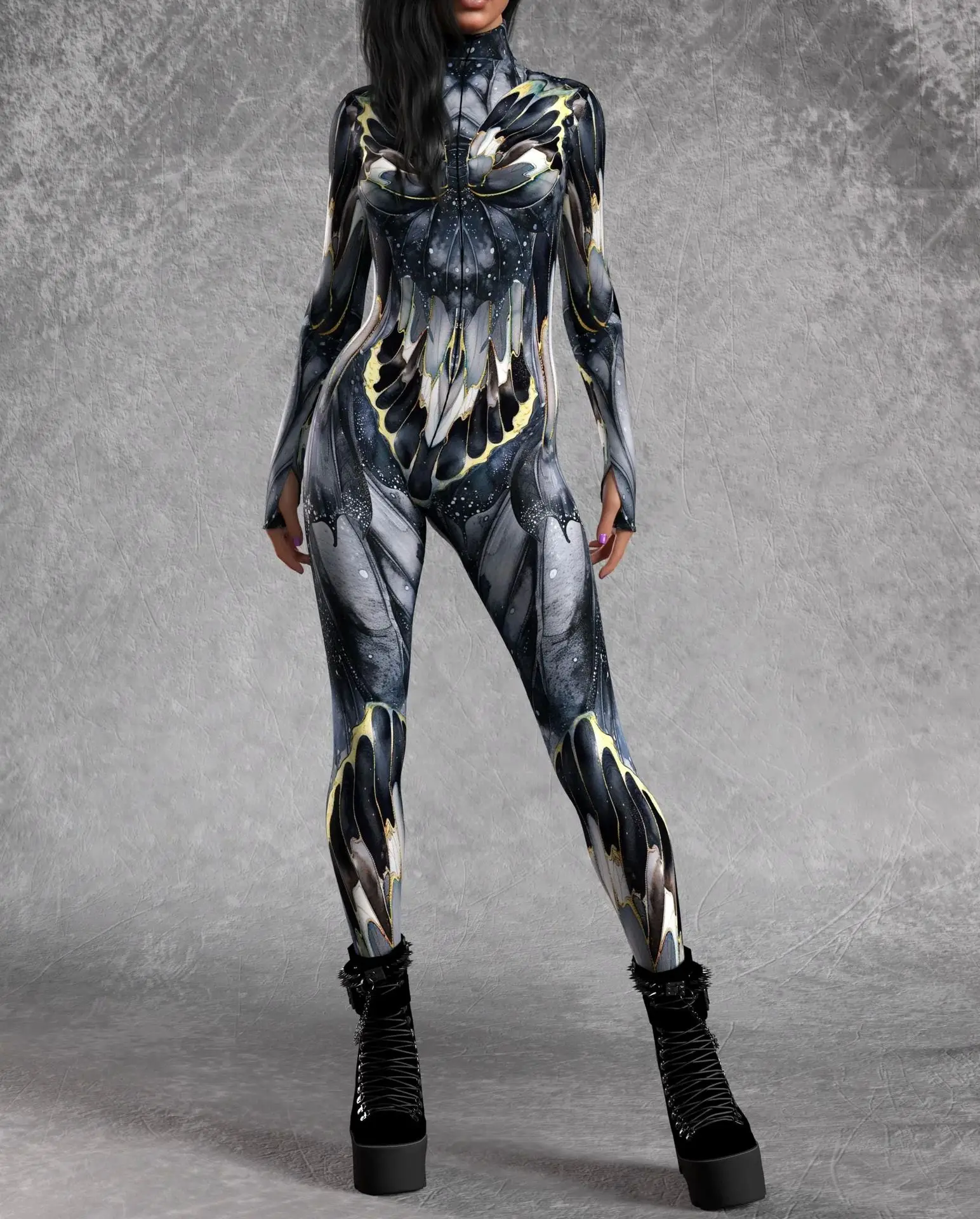 Sexy Damen Psychedelischer Netz-Cosplay-Jumpsuit Horror Halloween Festival Party Bodysuit Karneval Bühnenauftritt Eng Anliegend – Detail 8