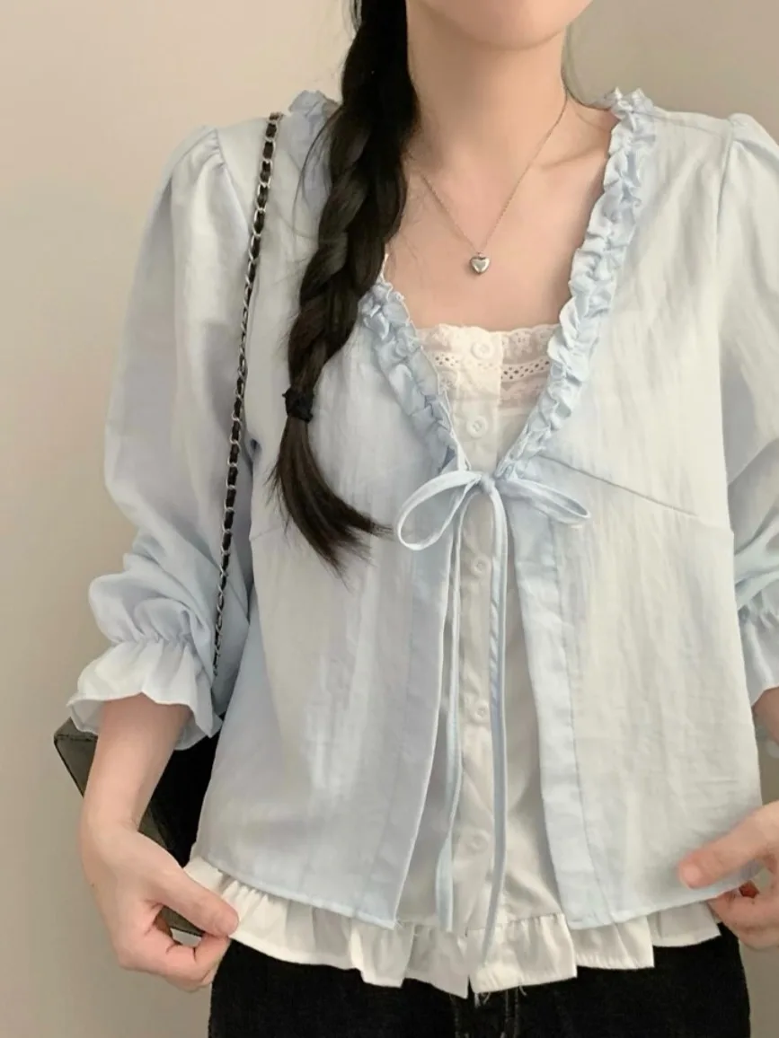 Korean Style Long Sleeve Lace Patchwork Shirt Women's Sweet Versatile Loose Belted Top Fake Two-Piece Design V-Neck Gored Hem