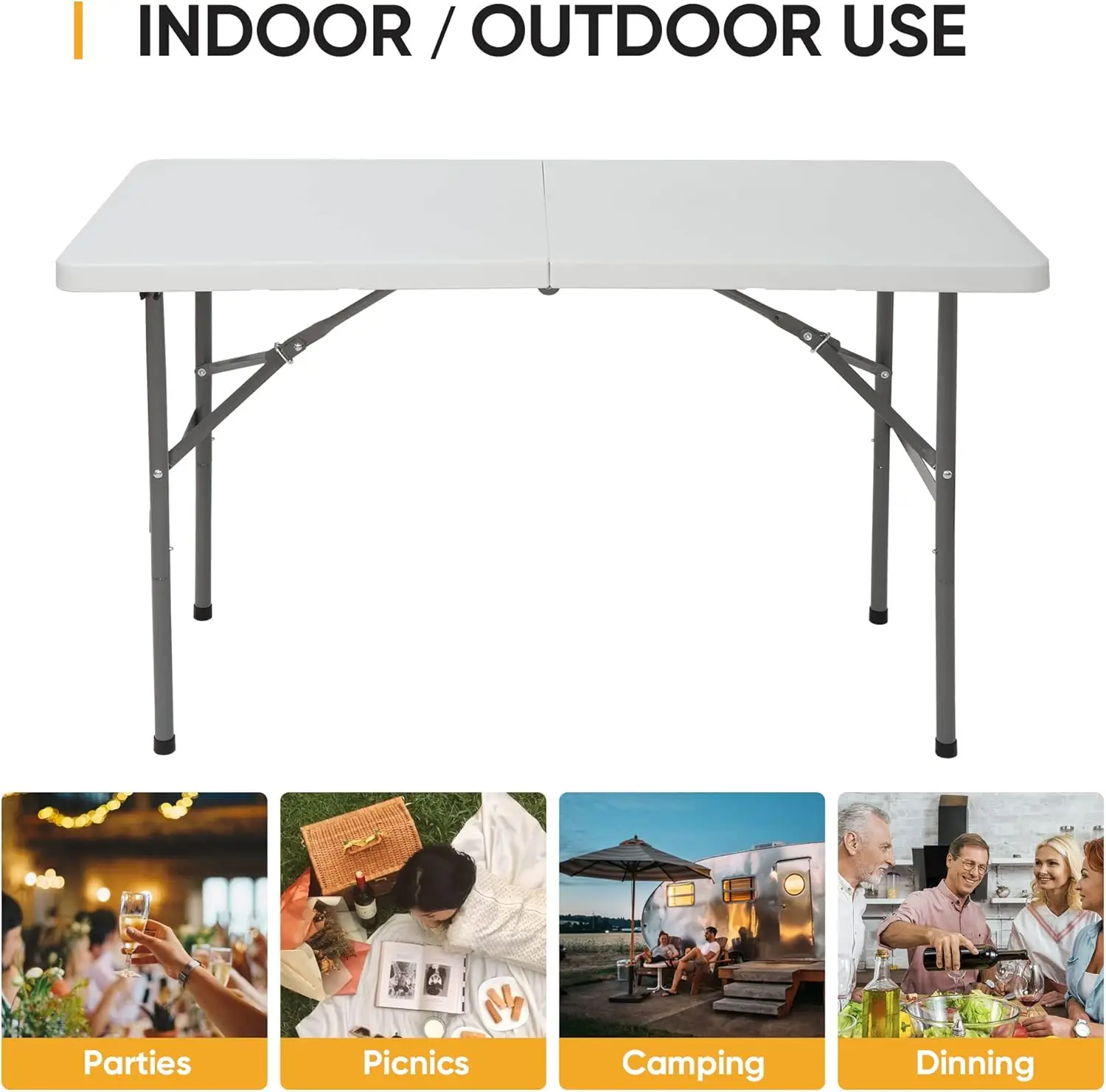 

Camping Picnic Table Portable Folding Table Fold in Half Indoor Outdoor BBQ Party Table with Carry Handle Durable Lightweight