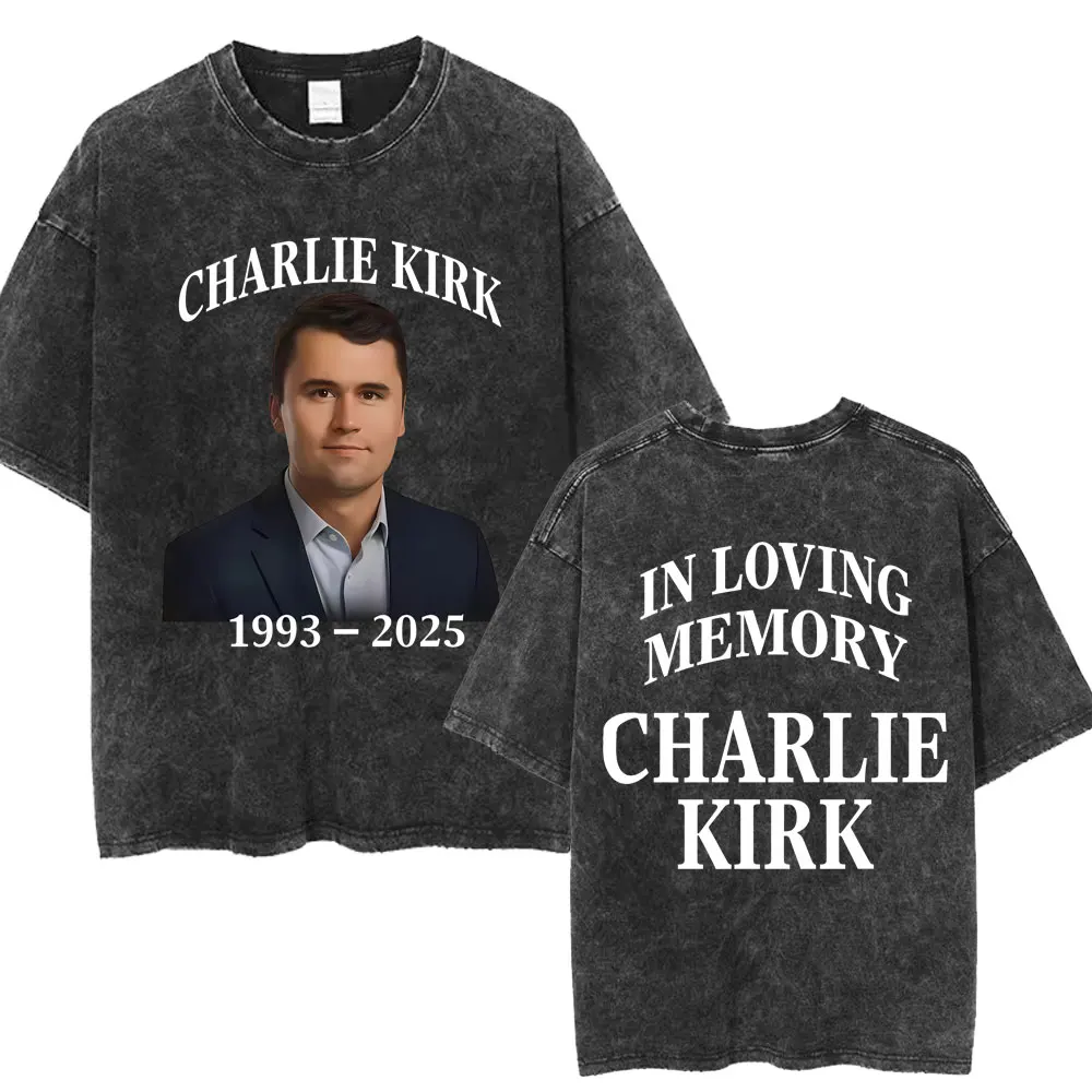 

Постиранная футболка Charlie Kirk in Loving Memory для мужчин и женщин, винтажные модные футболки в стиле Харадзюку, хлопковые повседневные футболки большого размера, уличная одежда