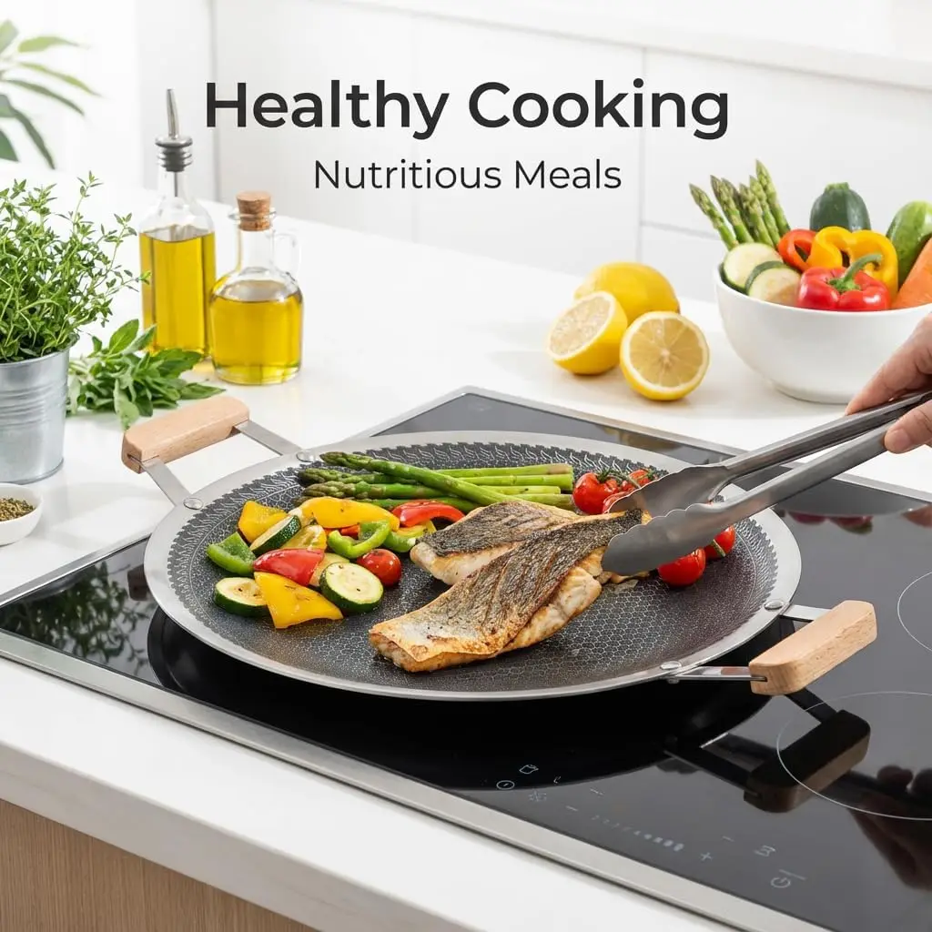 Korean Grill Pan, Nonstick Stainless Steel Cookware, Scratch Proof, Honeycomb Coating, Cool Grip Handles, Dishwasher Safe