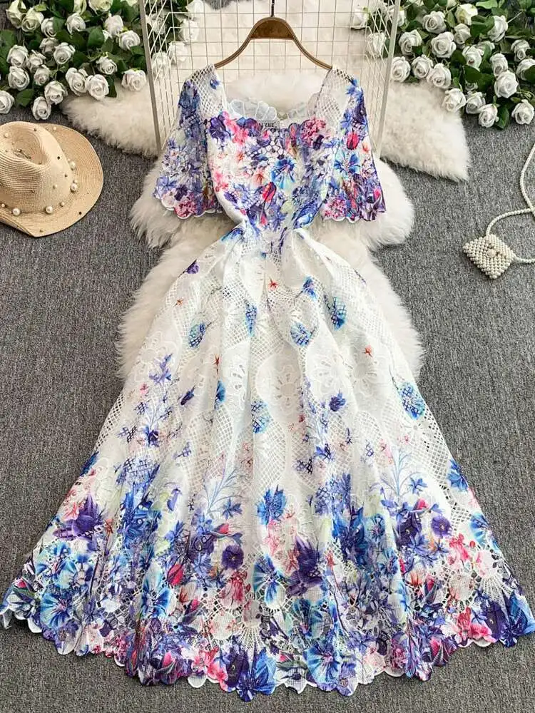 

Elegant Short Sleeve Floral Long Lace Evening Dresses Women Holiday Gradient Printed Midi Vestidos Vintage Party Summer Dress