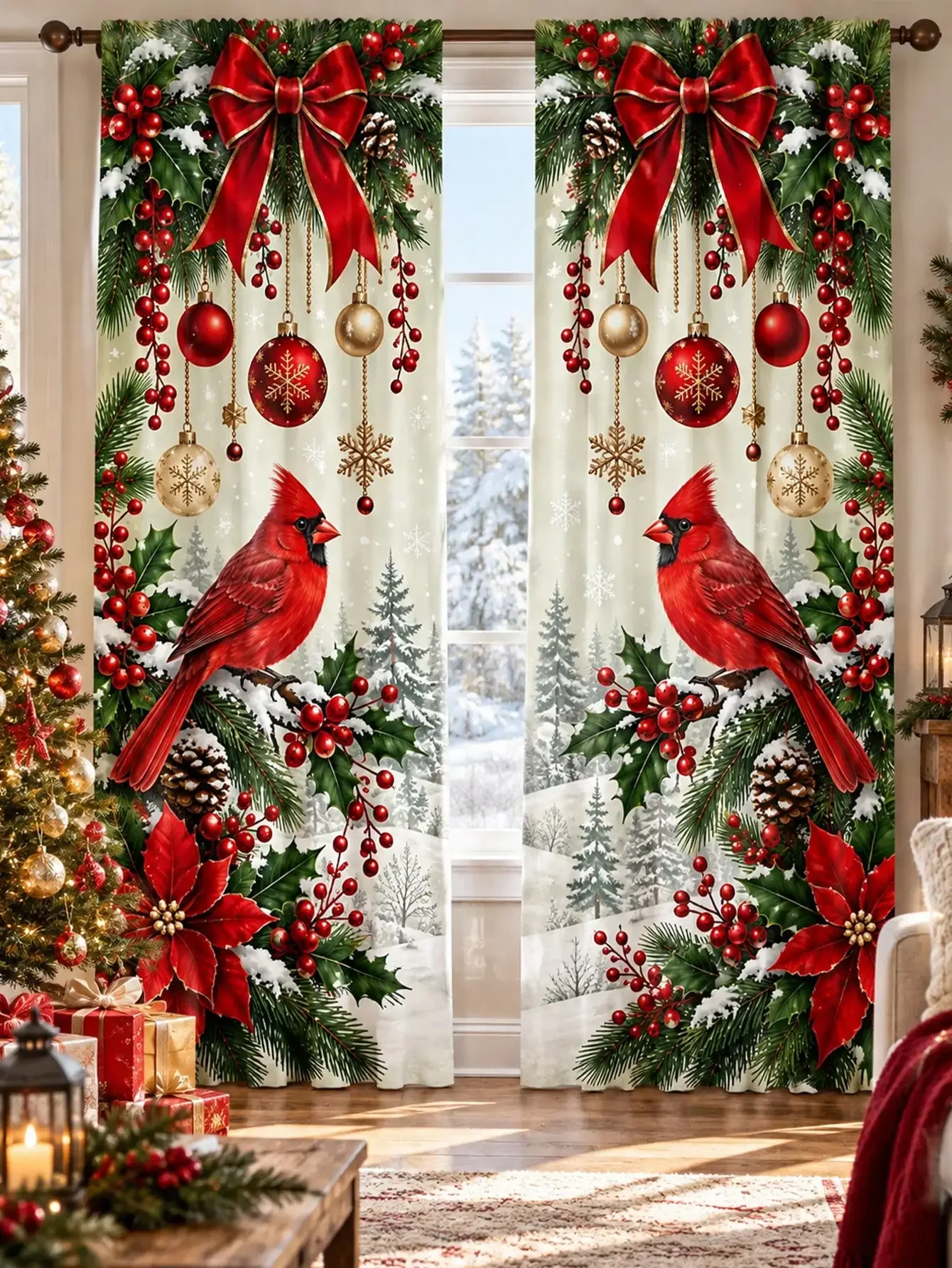 Christmas Holiday Window Curtains Festive Red Bird Garland Scene Light Filtering Curtain Pair for Home Decor