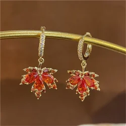 Exquisite Shiny Zircon Maple Leaves Pendant Earrings For Women Girls New Design Red Crystal Leaf Earrings Wedding Jewelry Gift