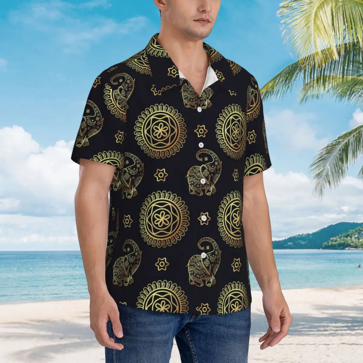 Sacred Elephant Beach Shirt Vintage Animal Hawaiian Casual Shirts Male Cool Blouses Short Sleeve Streetwear Pattern Clothes