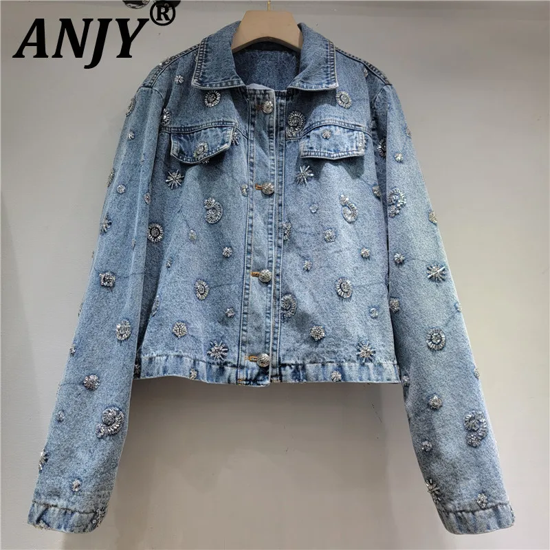 

ANJY 2026 Spring New Women Fashion Heavy Beaded Embroidery Elegant Denim Jacket Trendy Versatile High-End Chic Short Coat A18008