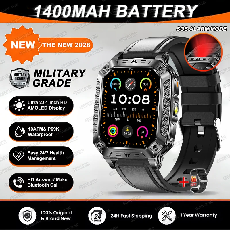 2026 TANK Nieuwe 1400mAh Militaire GPS Smart Watch Mannen 2.01 "AMOLED Scherm 10ATM Waterdichte Klok SOS Oproep Zaklamp Smartwatch iOS