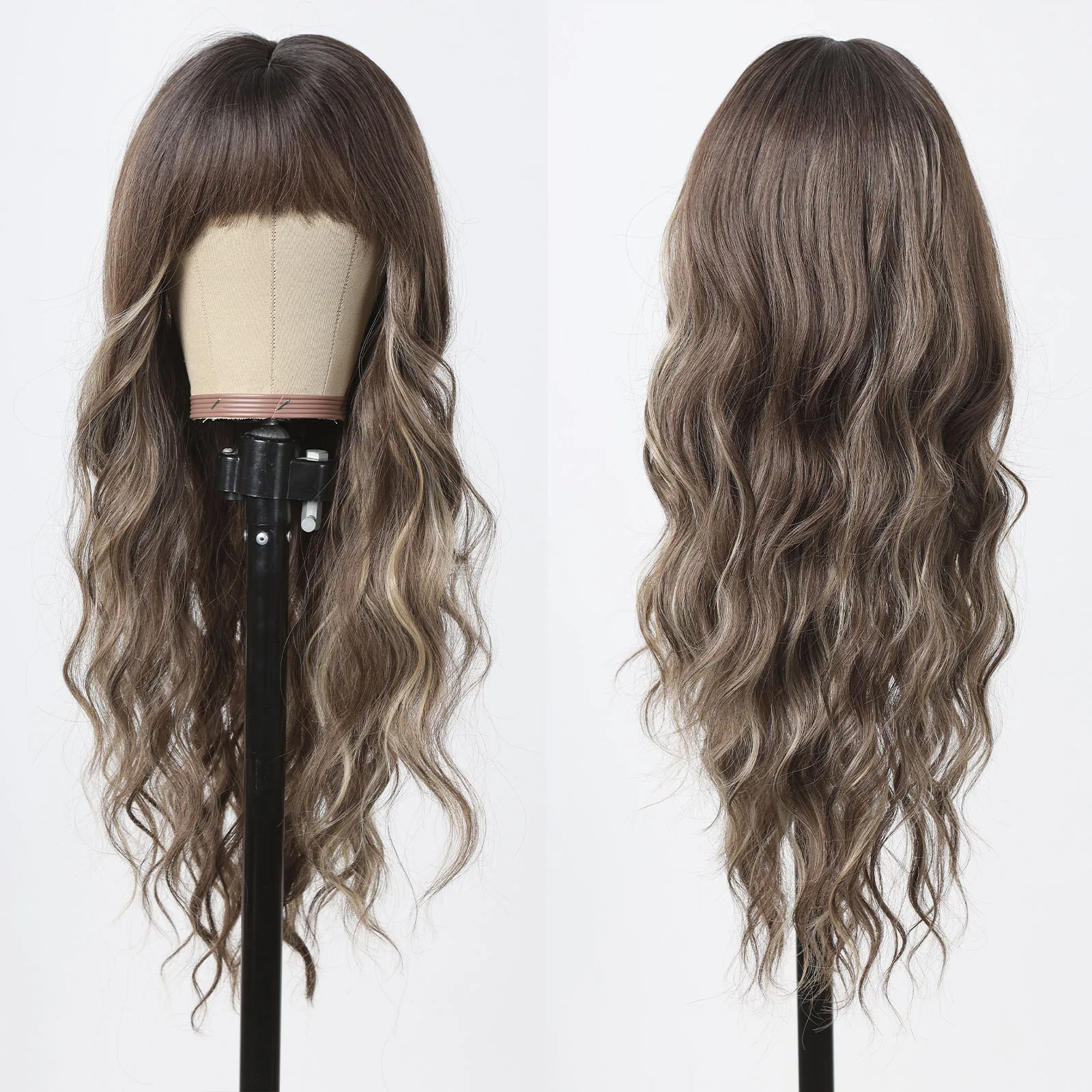 Balayage Brown Long Wave Perruques pour Femmes, Afro Synthétique Corps Ondulé Highlight Perruque avec Frange pour 03/Cosplay Chaleur Degré