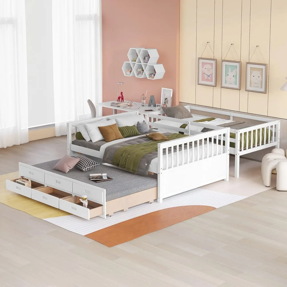 Łóżko piętrowe Harper & Bright Designs Twin Over Full z wysuwanym łóżkiem pojedynczym i 3 szufladami do przechowywania, rama łóżka piętrowego z litego drewna z ławką