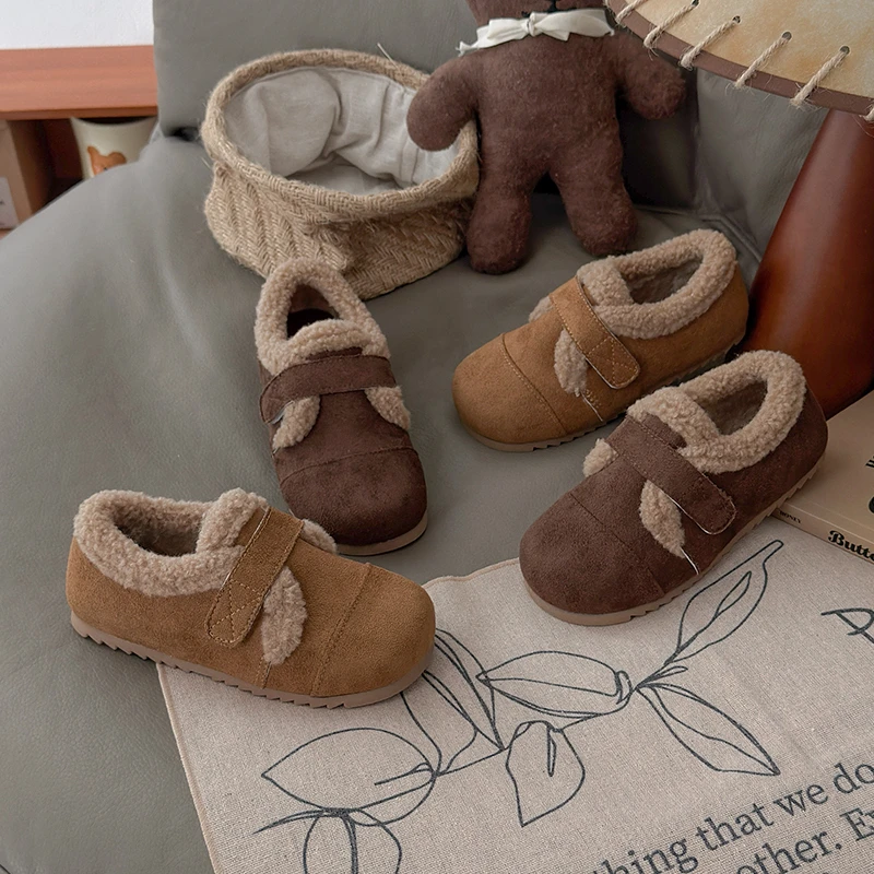 

Children's Fur Shoes Classic Simple Winter Kids Casual Shoes Outdoor Warm Versatile Girls Fashion Cotton Flat Shoes Hook Loop