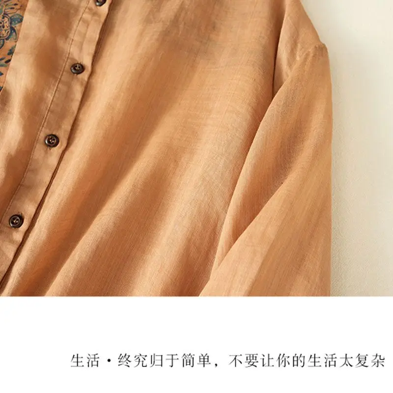 Retro Print Patchwork Long-sleeve Shirt Artistic Temperament Cotton and Linen Blouse for Women