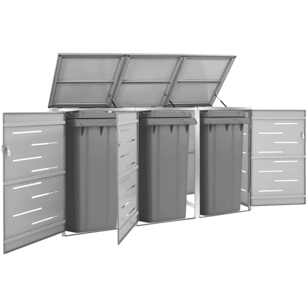 

Triple Wheelie Bin Shed, Stainless Steel Outdoor Trash Can Storage Garbage Bin Storage Shed, 81.5"x30.5"x44.3" Stainless Steel,-