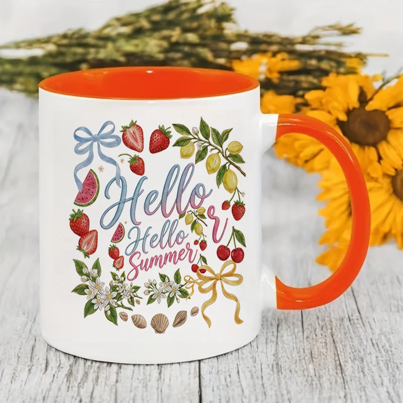 Strawberry Lemon Hello Summer Fruit Floral Ceramic Coffee Mug 11oz 350ml Personalized Custom Colorful Print Cute Aesthetic Micro