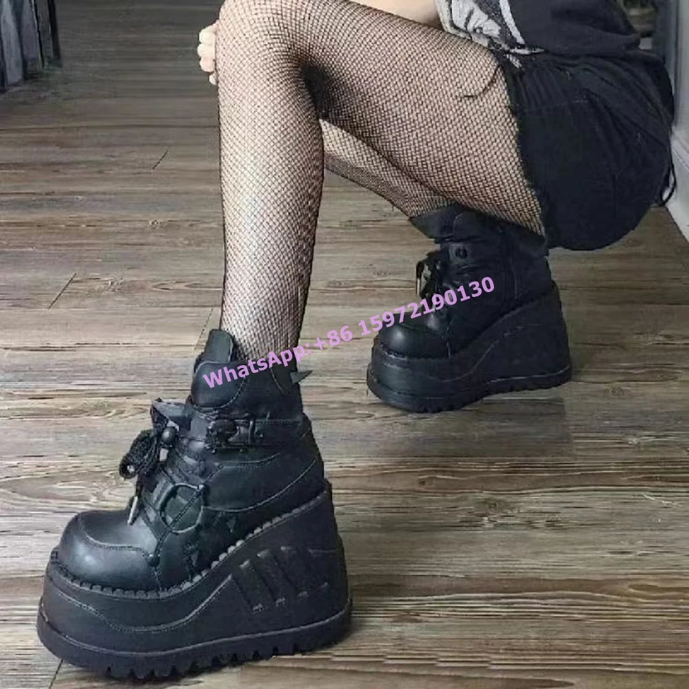 Spike Wedges Pumps Thick Soled Round Toe Platform Cross Tied Lace Up Buckle Belt Solid Black Shoes Gothic Dark Punk Skeleton