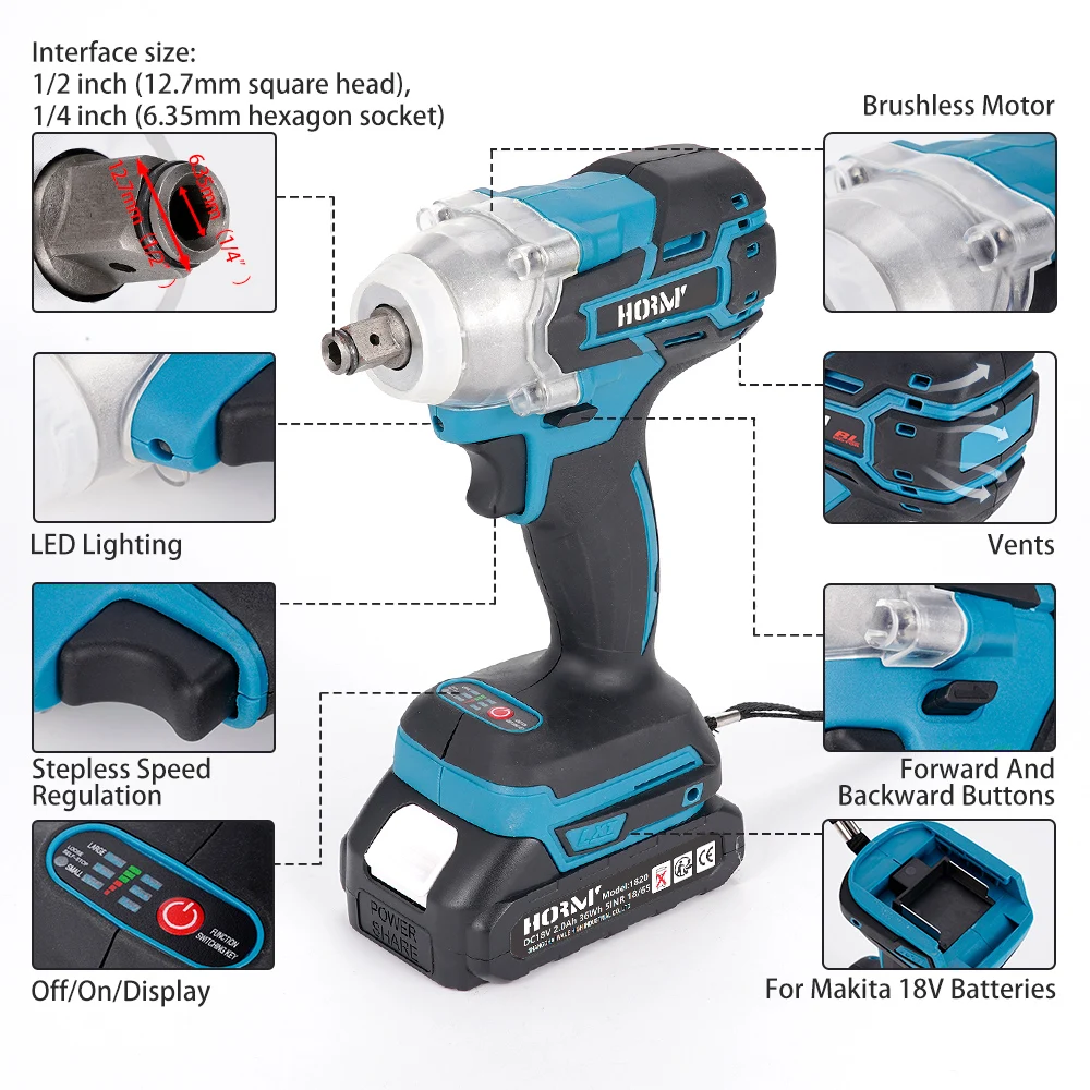 Hormy Brushless Electric Wrench Impact Wrench 1/4 1/2 280N.m for Makita 18V Battery Hand Drill Cordless Impact Wrench Power Tool